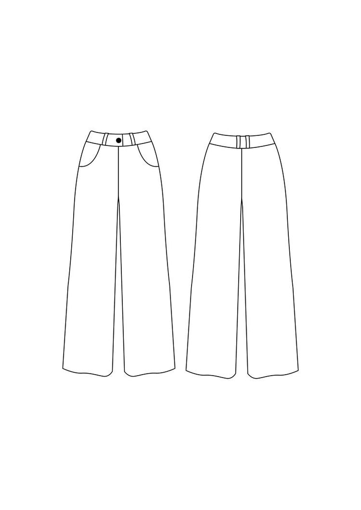 Friday Pattern Co. Joan Trousers in knit fabric with wide legs, waistband, scoop pockets, and optional sash belt