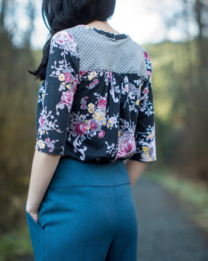 Thread Theory Camas Blouse sewing pattern with gathered yokes, curved V-neckline, and slim elbow-length sleeves