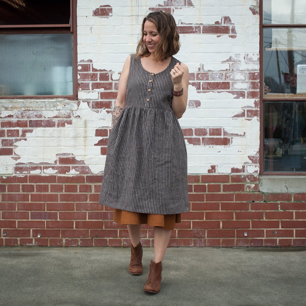Sew Liberated Hinterland Dress sewing pattern with sleeve variations, button placket, inseam pockets, and loose yet shapely gathered skirt design