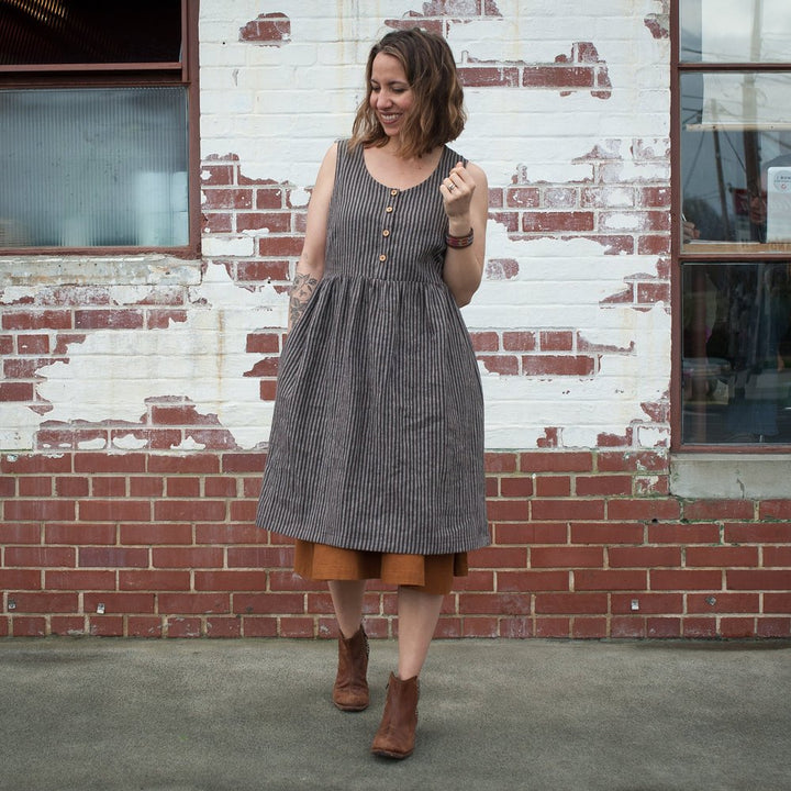 Sew Liberated Hinterland Dress sewing pattern with sleeve variations, button placket, inseam pockets, and loose yet shapely gathered skirt design