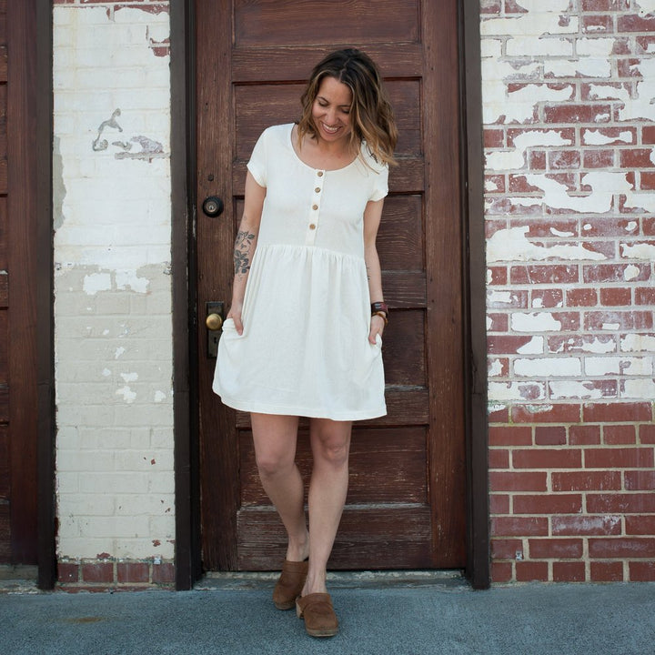 Sew Liberated Hinterland Dress sewing pattern with sleeve variations, button placket, inseam pockets, and loose yet shapely gathered skirt design