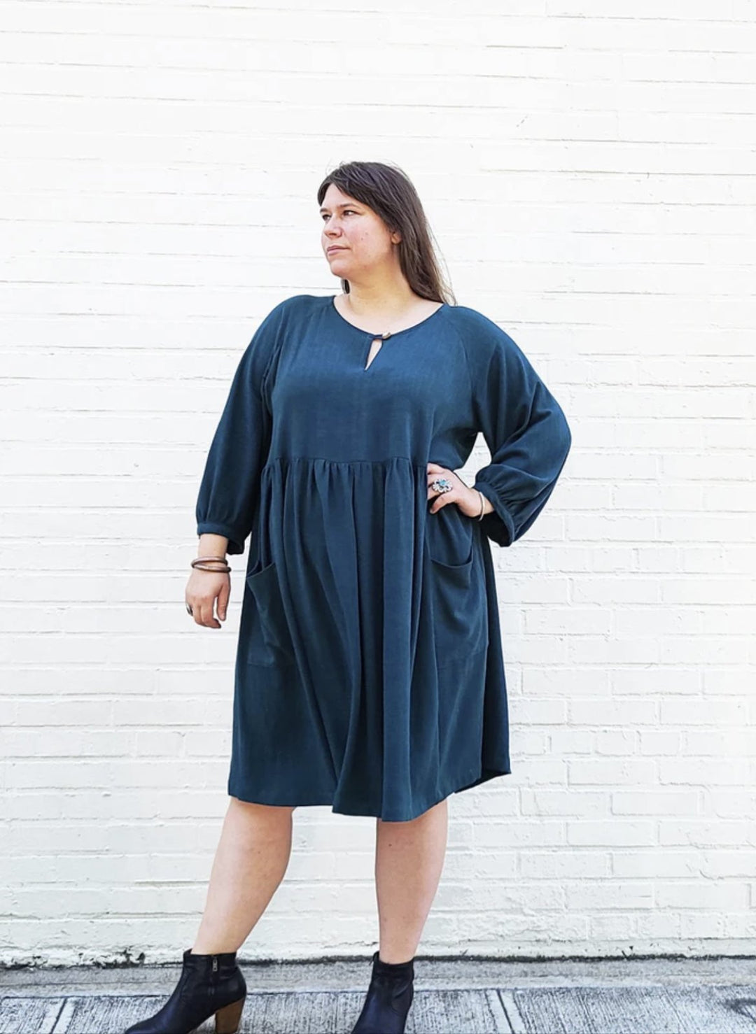 Sew House Seven Romey Gather Dress & Top pattern for curvy sizes 16–34 with empire waist, gathered skirt, peplum top, and optional patch pockets.