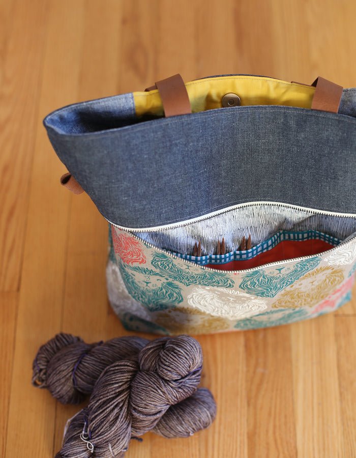 Noodlehead Caravan Tote and Pouch sewing pattern for DIY knitting bag with zippered pockets and matching accessory