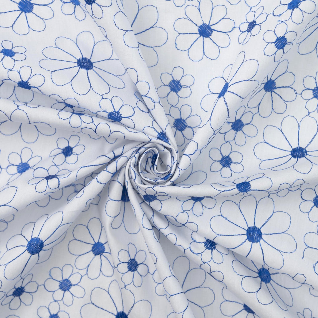 Cotton Lawn Embroidered Sapphire Blooms – 100% cotton, 56 inches wide, crisp embroidered fabric for sewing shirts, skirts, sundresses, and elegant garments