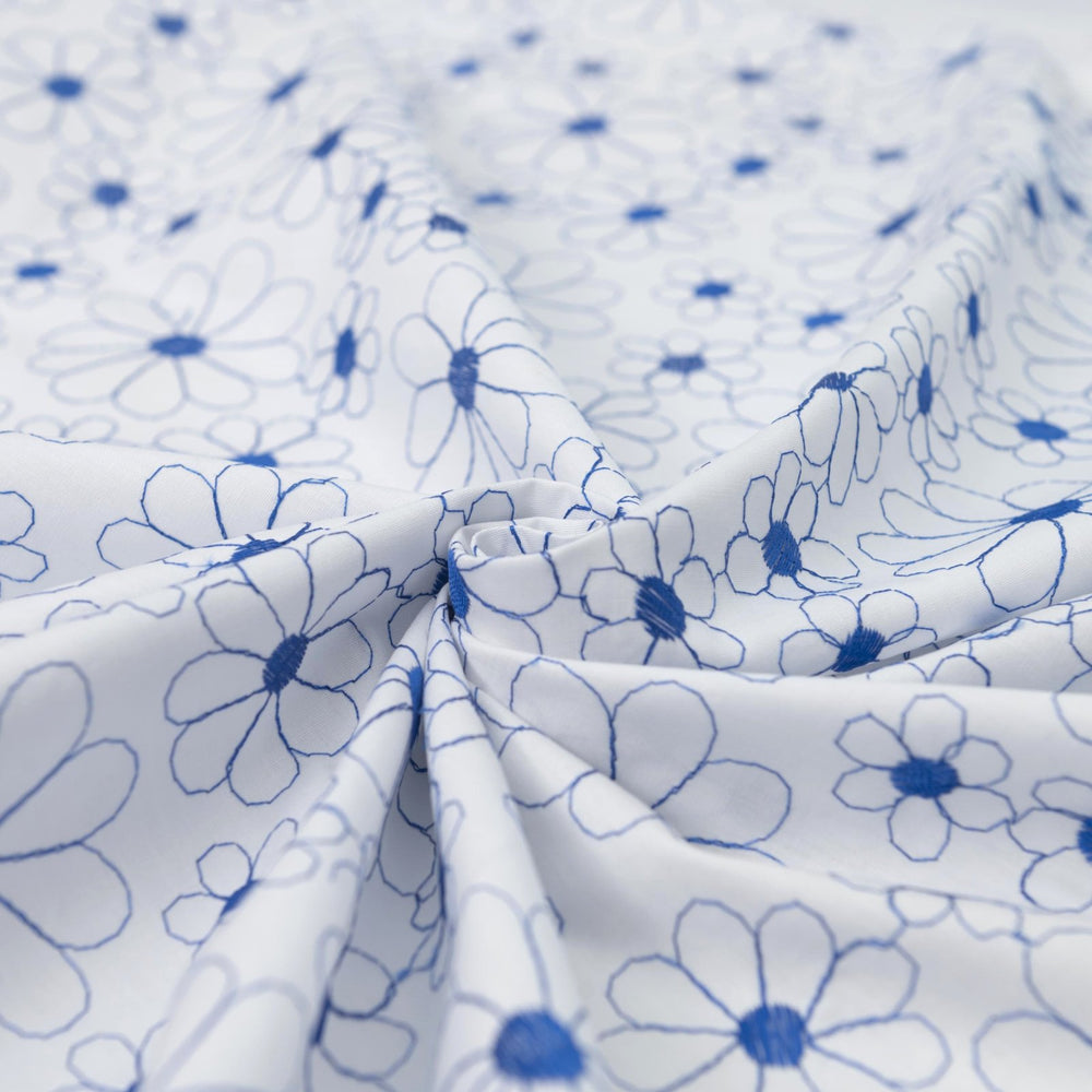 Cotton Lawn Embroidered Sapphire Blooms – 100% cotton, 56 inches wide, crisp embroidered fabric for sewing shirts, skirts, sundresses, and elegant garments