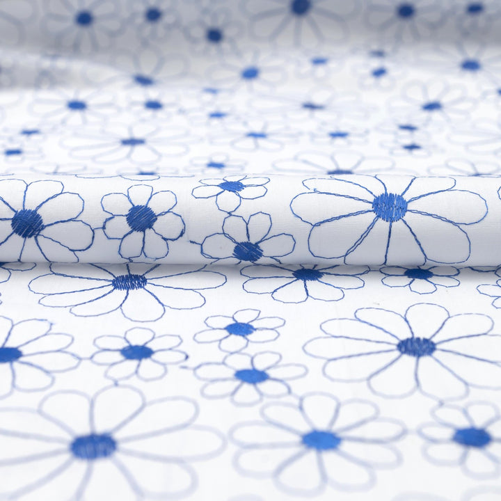 Cotton Lawn Embroidered Sapphire Blooms – 100% cotton, 56 inches wide, crisp embroidered fabric for sewing shirts, skirts, sundresses, and elegant garments