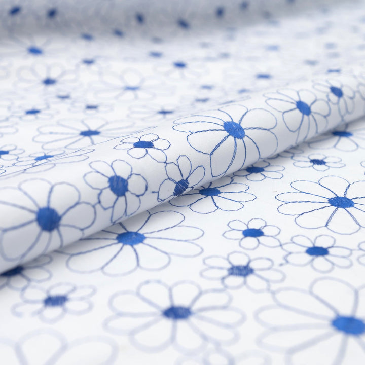 Cotton Lawn Embroidered Sapphire Blooms – 100% cotton, 56 inches wide, crisp embroidered fabric for sewing shirts, skirts, sundresses, and elegant garments