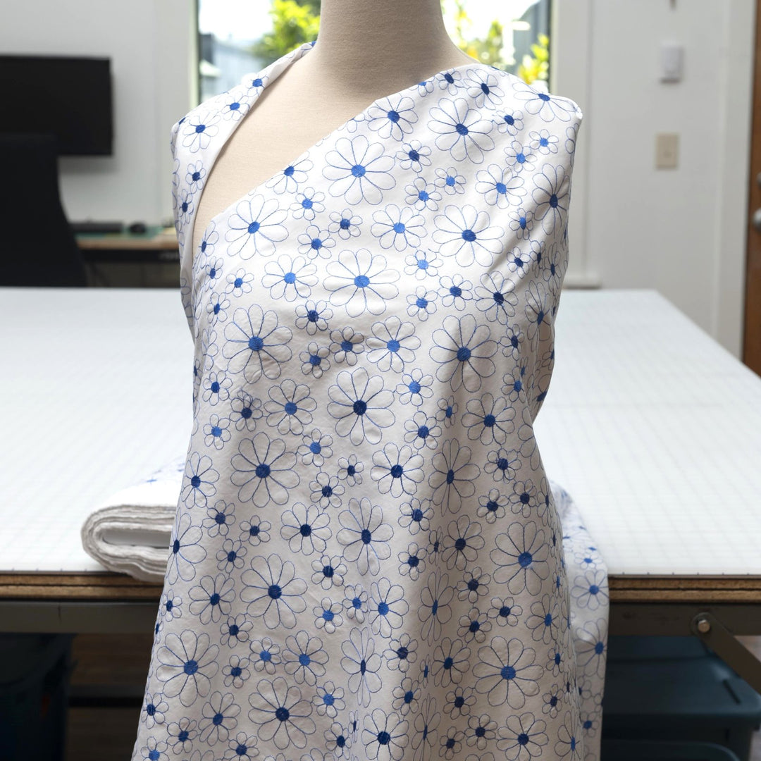 Cotton Lawn Embroidered Sapphire Blooms – 100% cotton, 56 inches wide, crisp embroidered fabric for sewing shirts, skirts, sundresses, and elegant garments