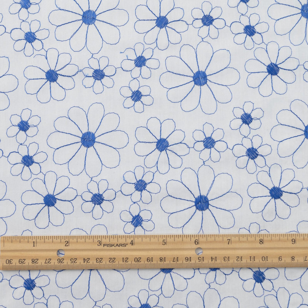 Cotton Lawn Embroidered Sapphire Blooms – 100% cotton, 56 inches wide, crisp embroidered fabric for sewing shirts, skirts, sundresses, and elegant garments