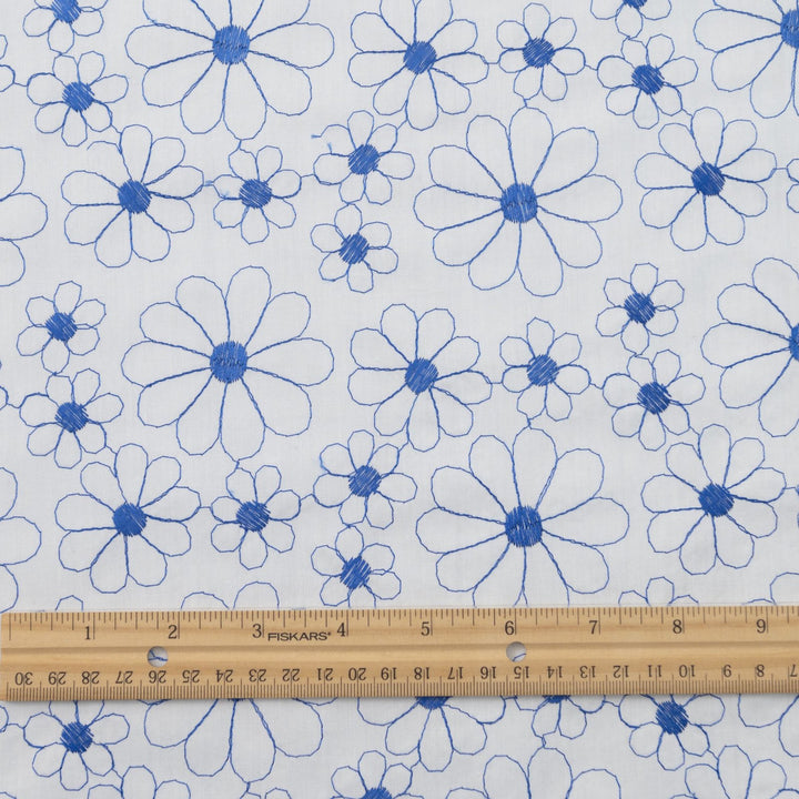 Cotton Lawn Embroidered Sapphire Blooms – 100% cotton, 56 inches wide, crisp embroidered fabric for sewing shirts, skirts, sundresses, and elegant garments