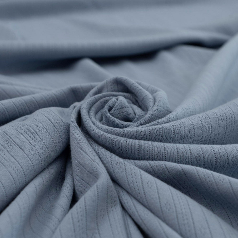 Dusty Blue Pointelle Cotton Knit - Delicate Openwork Summer Fabric