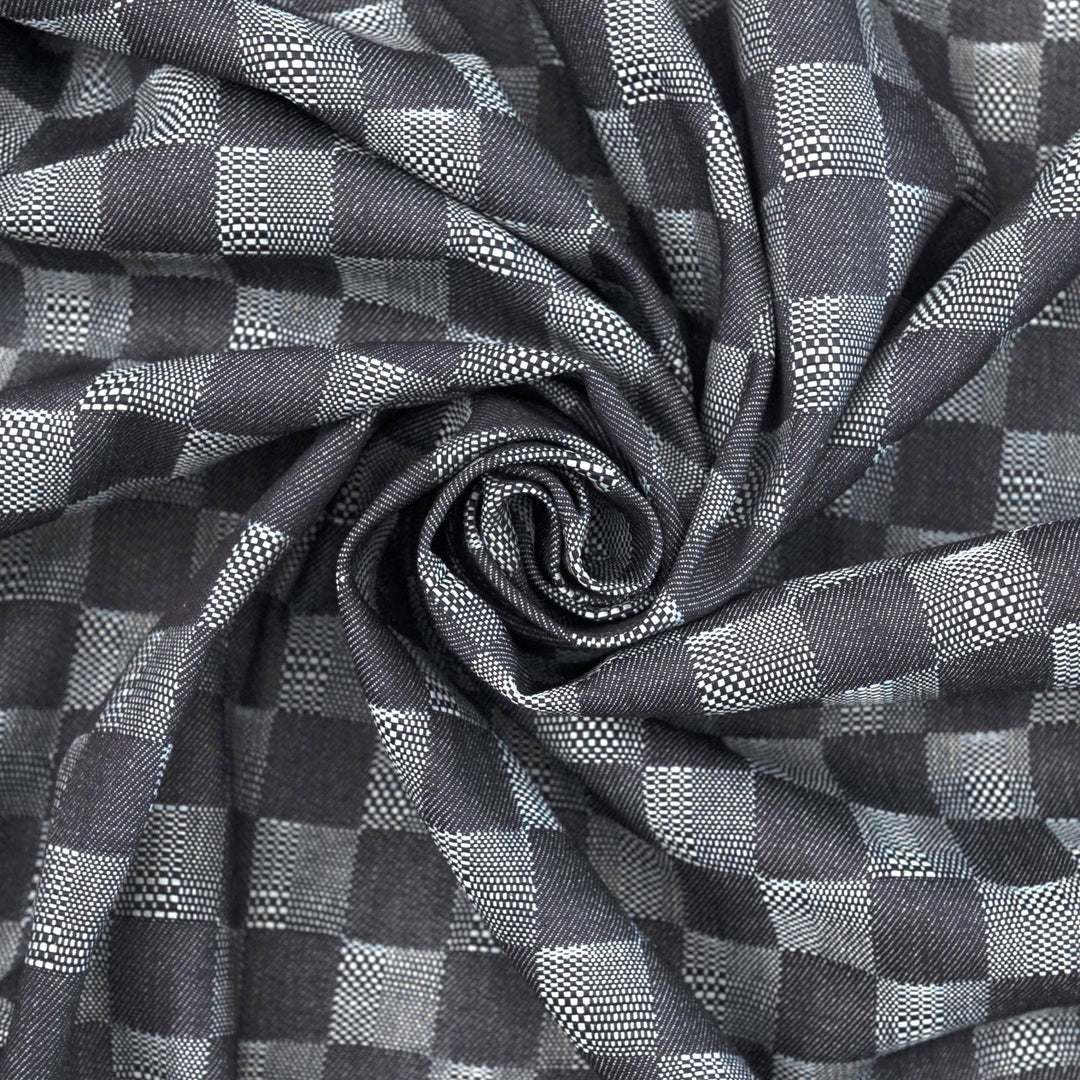 Dakota Patchwork Indigo Denim Fabric - 100% Cotton, 58-Inch Wide, Geometric Dobby Weave for Statement Jackets & Jumpsuits