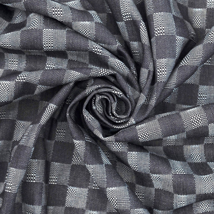 Dakota Patchwork Indigo Denim Fabric - 100% Cotton, 58-Inch Wide, Geometric Dobby Weave for Statement Jackets & Jumpsuits