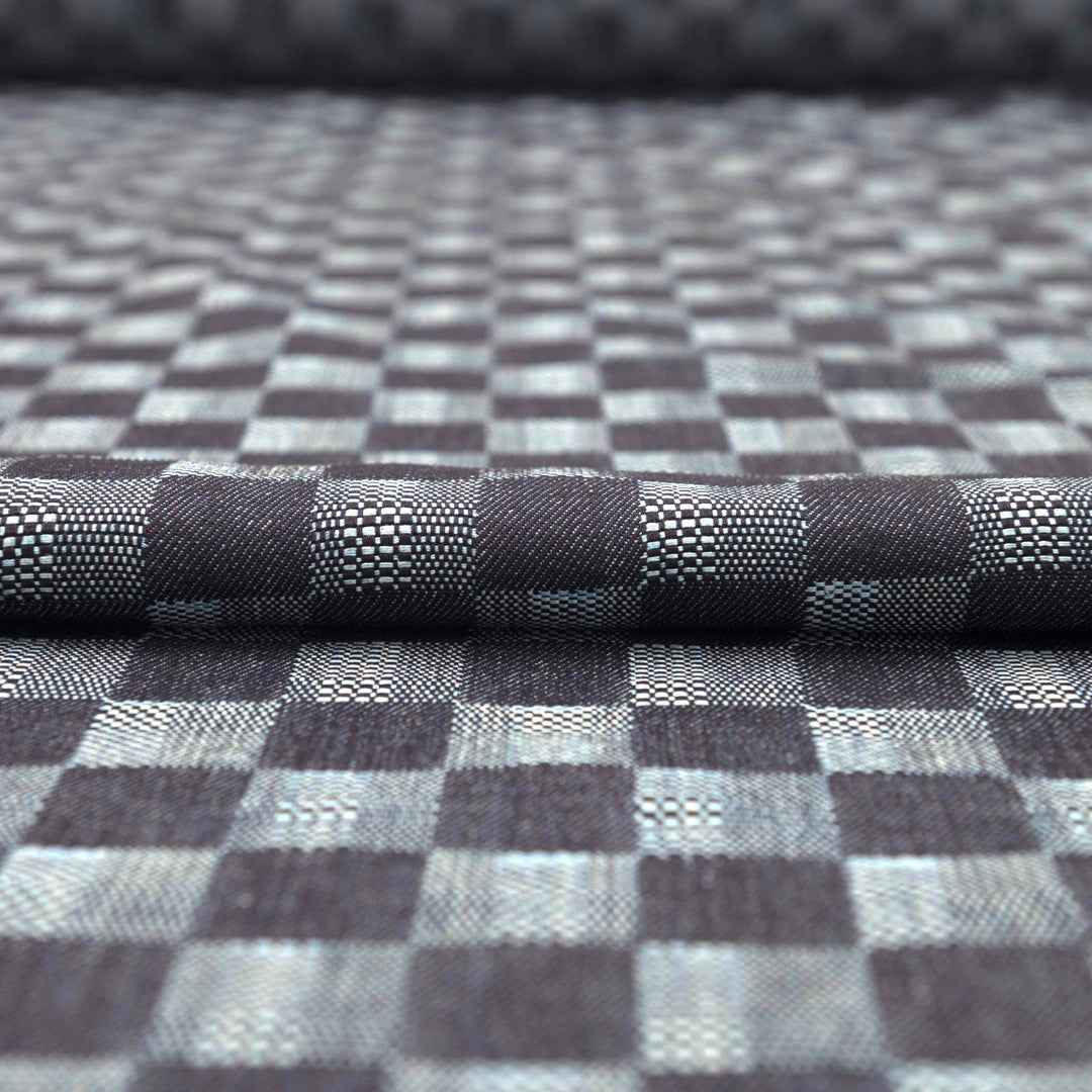Dakota Patchwork Indigo Denim Fabric - 100% Cotton, 58-Inch Wide, Geometric Dobby Weave for Statement Jackets & Jumpsuits
