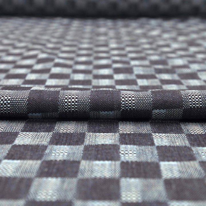 Dakota Patchwork Indigo Denim Fabric - 100% Cotton, 58-Inch Wide, Geometric Dobby Weave for Statement Jackets & Jumpsuits
