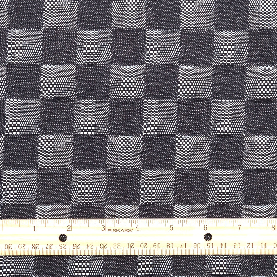 Dakota Patchwork Indigo Denim Fabric - 100% Cotton, 58-Inch Wide, Geometric Dobby Weave for Statement Jackets & Jumpsuits