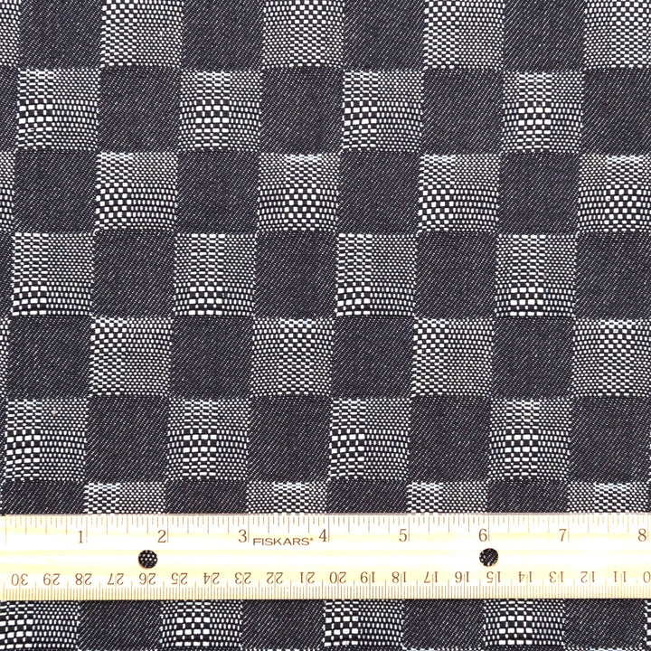 Dakota Patchwork Indigo Denim Fabric - 100% Cotton, 58-Inch Wide, Geometric Dobby Weave for Statement Jackets & Jumpsuits