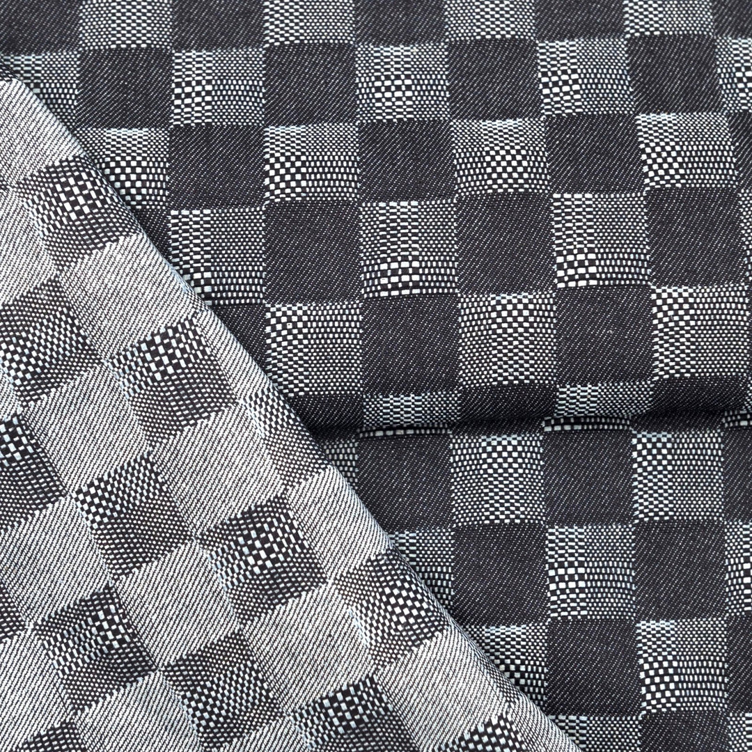 Dakota Patchwork Indigo Denim Fabric - 100% Cotton, 58-Inch Wide, Geometric Dobby Weave for Statement Jackets & Jumpsuits
