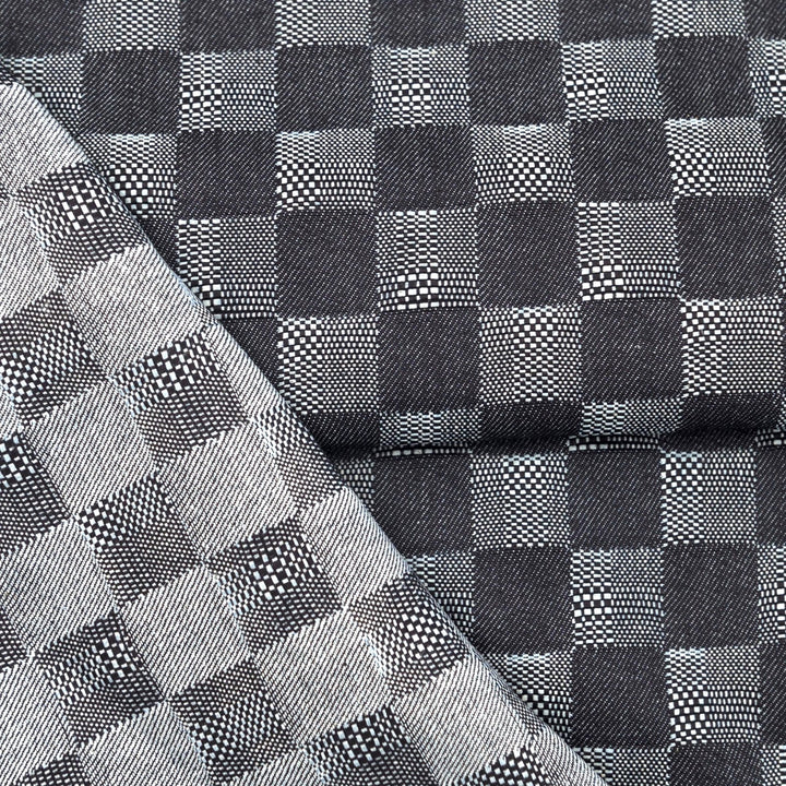 Dakota Patchwork Indigo Denim Fabric - 100% Cotton, 58-Inch Wide, Geometric Dobby Weave for Statement Jackets & Jumpsuits