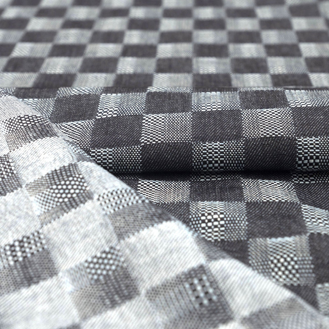 Dakota Patchwork Indigo Denim Fabric - 100% Cotton, 58-Inch Wide, Geometric Dobby Weave for Statement Jackets & Jumpsuits