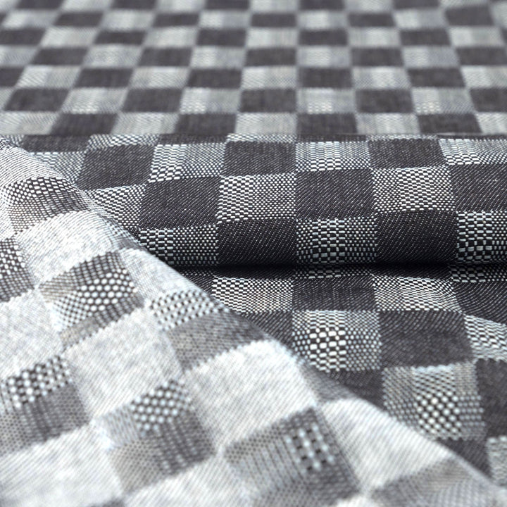 Dakota Patchwork Indigo Denim Fabric - 100% Cotton, 58-Inch Wide, Geometric Dobby Weave for Statement Jackets & Jumpsuits