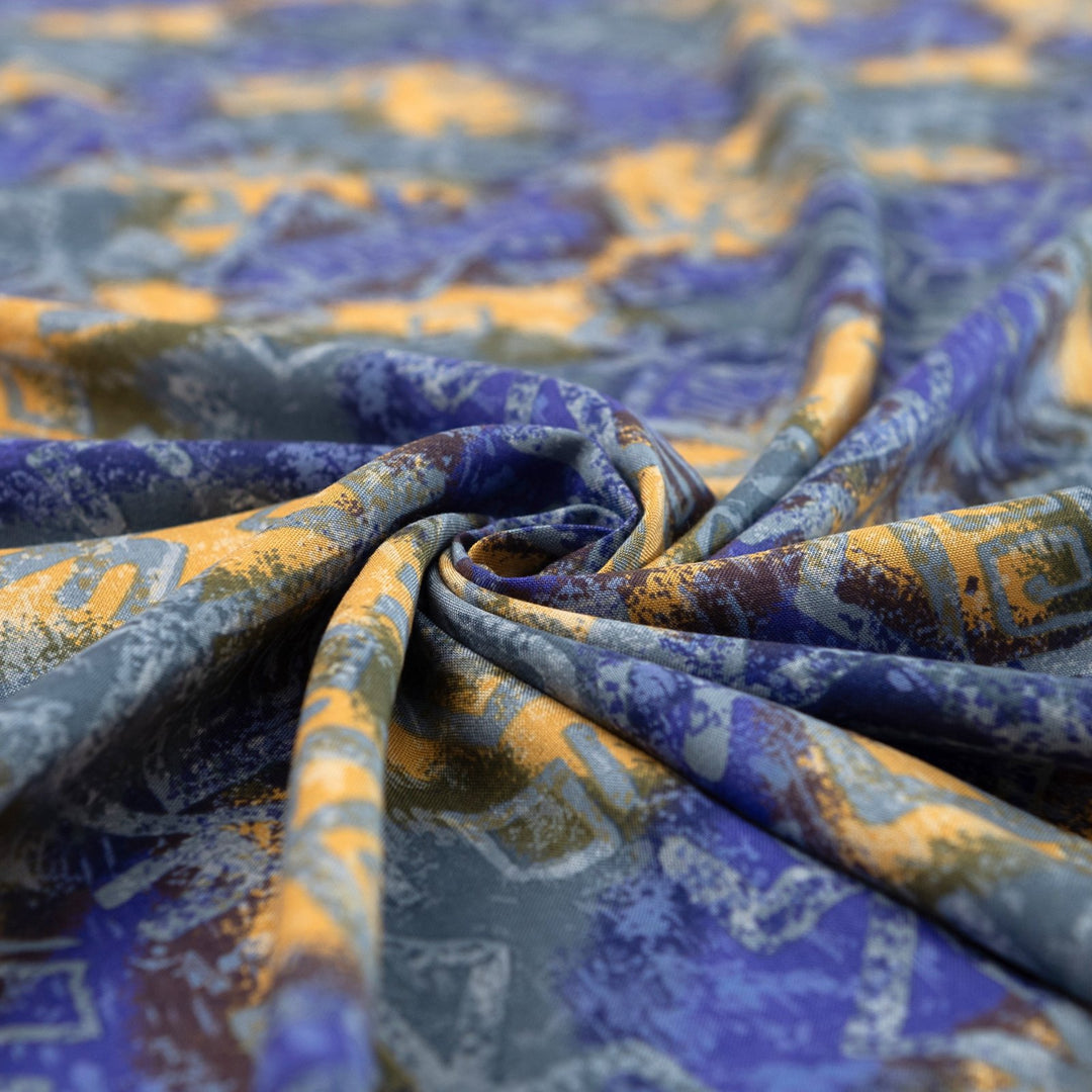 Viscose Tencel Challis - "Purple & Gold Geo"