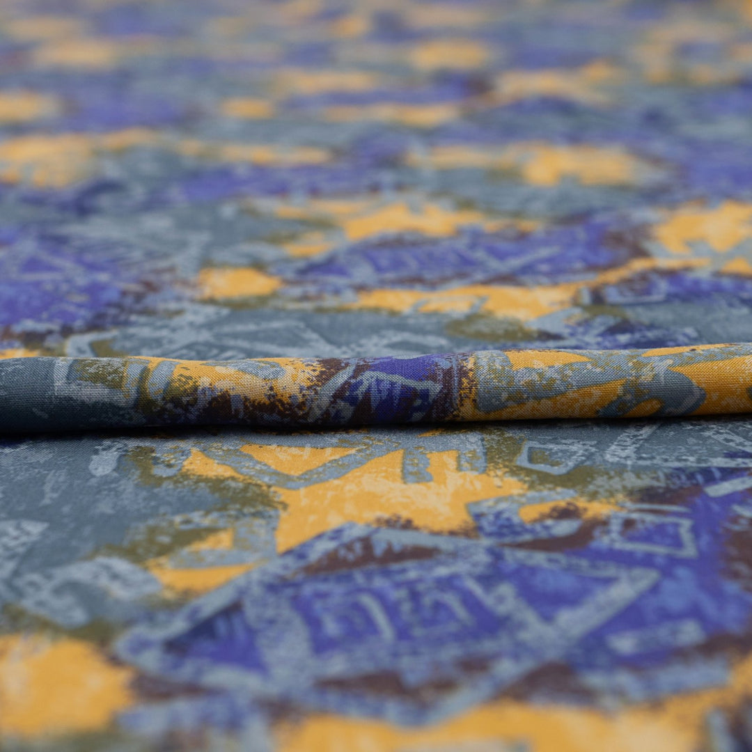 Viscose Tencel Challis - "Purple & Gold Geo"