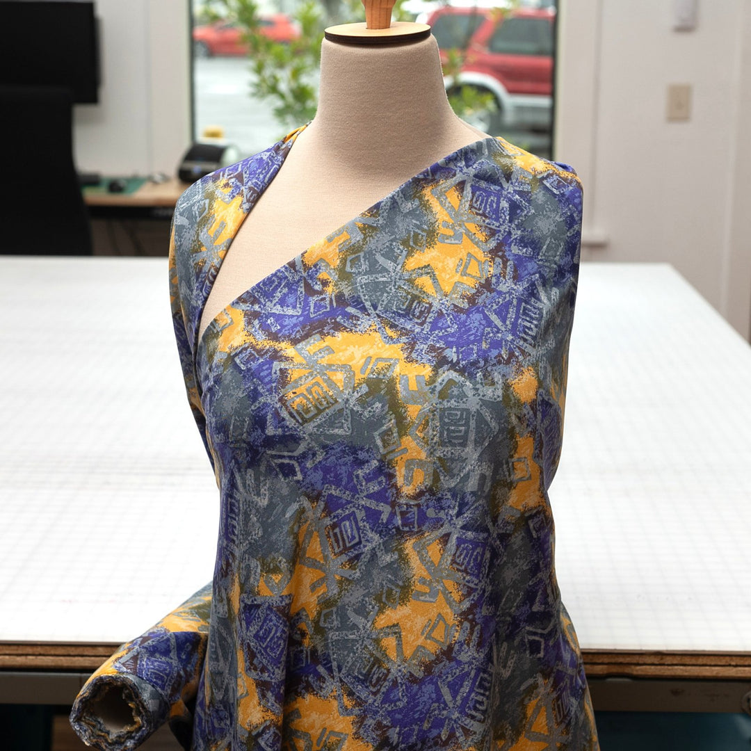 Viscose Tencel Challis - "Purple & Gold Geo"