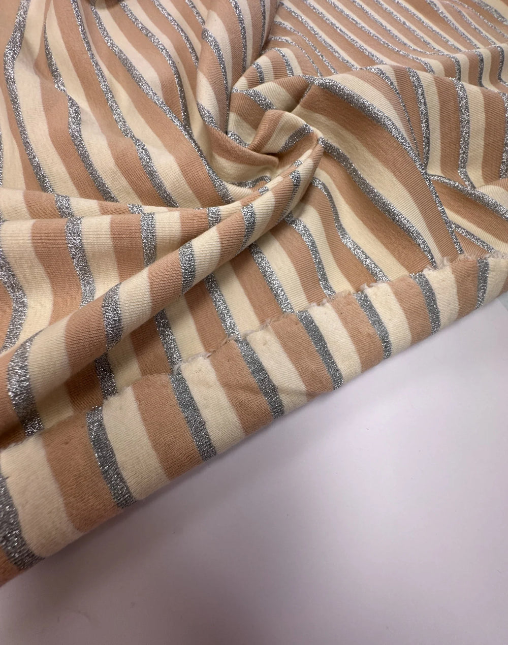 Mid-weight knit fabric with beige, brown, and silver metallic stripes, French origin, 52-inch width