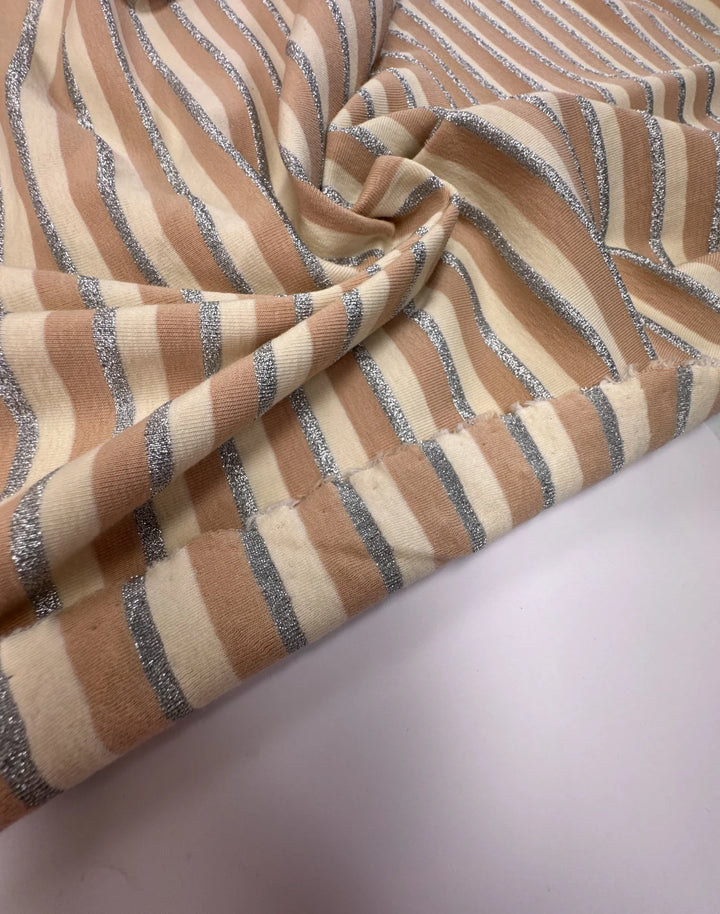 Mid-weight knit fabric with beige, brown, and silver metallic stripes, French origin, 52-inch width