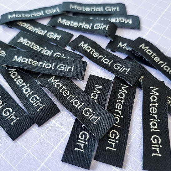 SA Labels Material Girl silver sparkle garment tags for sewing enthusiasts and fabric lovers