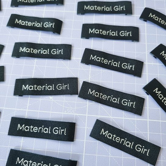 SA Labels Material Girl silver sparkle garment tags for sewing enthusiasts and fabric lovers