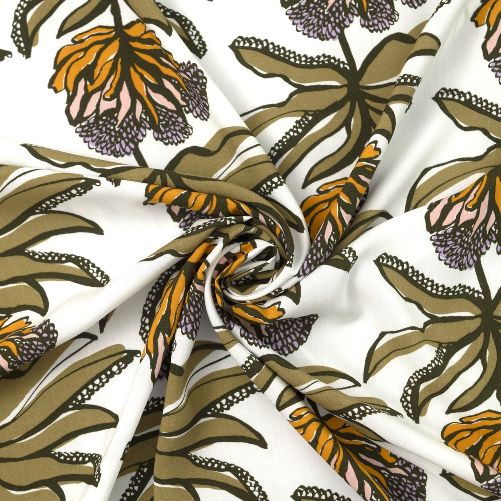 Ecovero Viscose Manifesto Ecru fabric by Nerida Hansen with botanical print in soft ecru and green, 58-inch wide, lightweight and drapey.