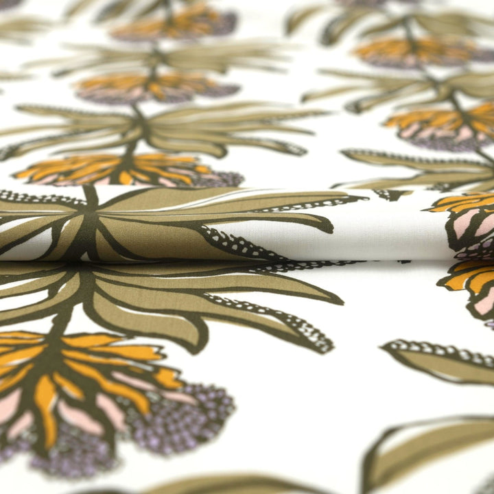 Ecovero Viscose Manifesto Ecru fabric by Nerida Hansen with botanical print in soft ecru and green, 58-inch wide, lightweight and drapey.