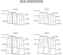 Grainline Studio Reed Skirt sewing pattern sizes 0–18 with inset and patch pockets, button front or invisible zipper closure, medium-weight fabrics