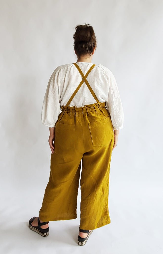 Sew House Seven Burnside Bibs Curvy Fit sewing pattern, scooped or straight front bib, cross-back straps, wide-leg pants