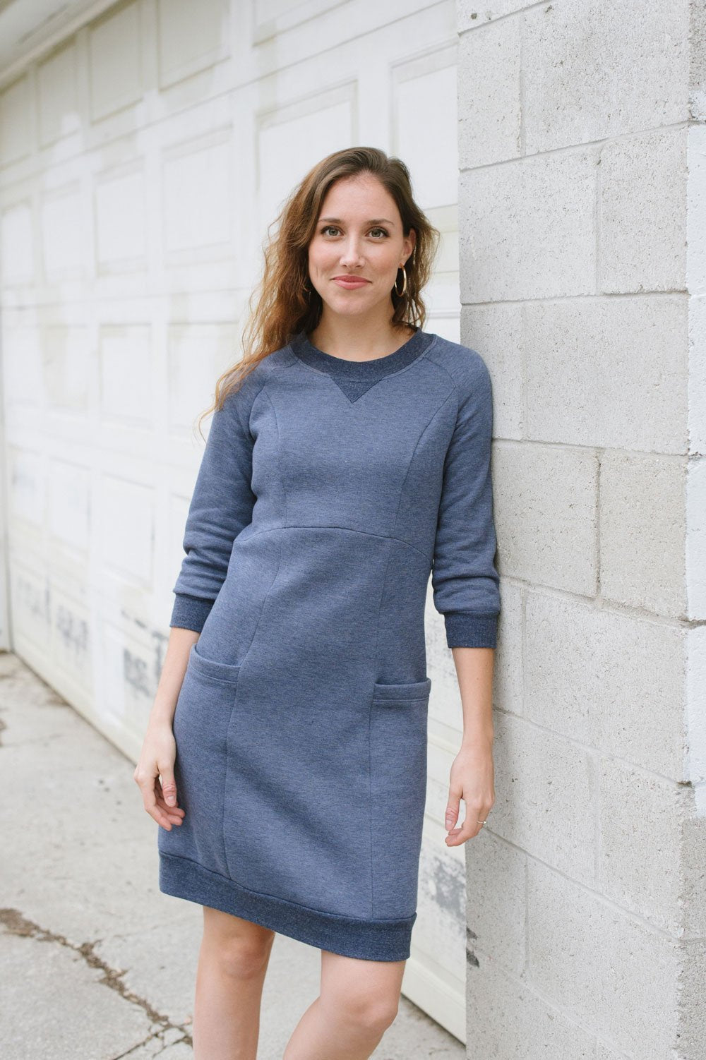 Victory Patterns Lola slip-on sweater dress with raglan sleeves, princess seams, oversized pockets, and ribbed neckline, hem, and cuffs