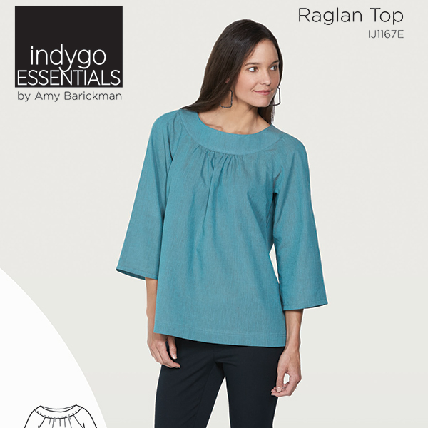 Indygo Essentials Raglan Top sewing pattern – classic raglan sleeve top with customizable neckline and sleeves