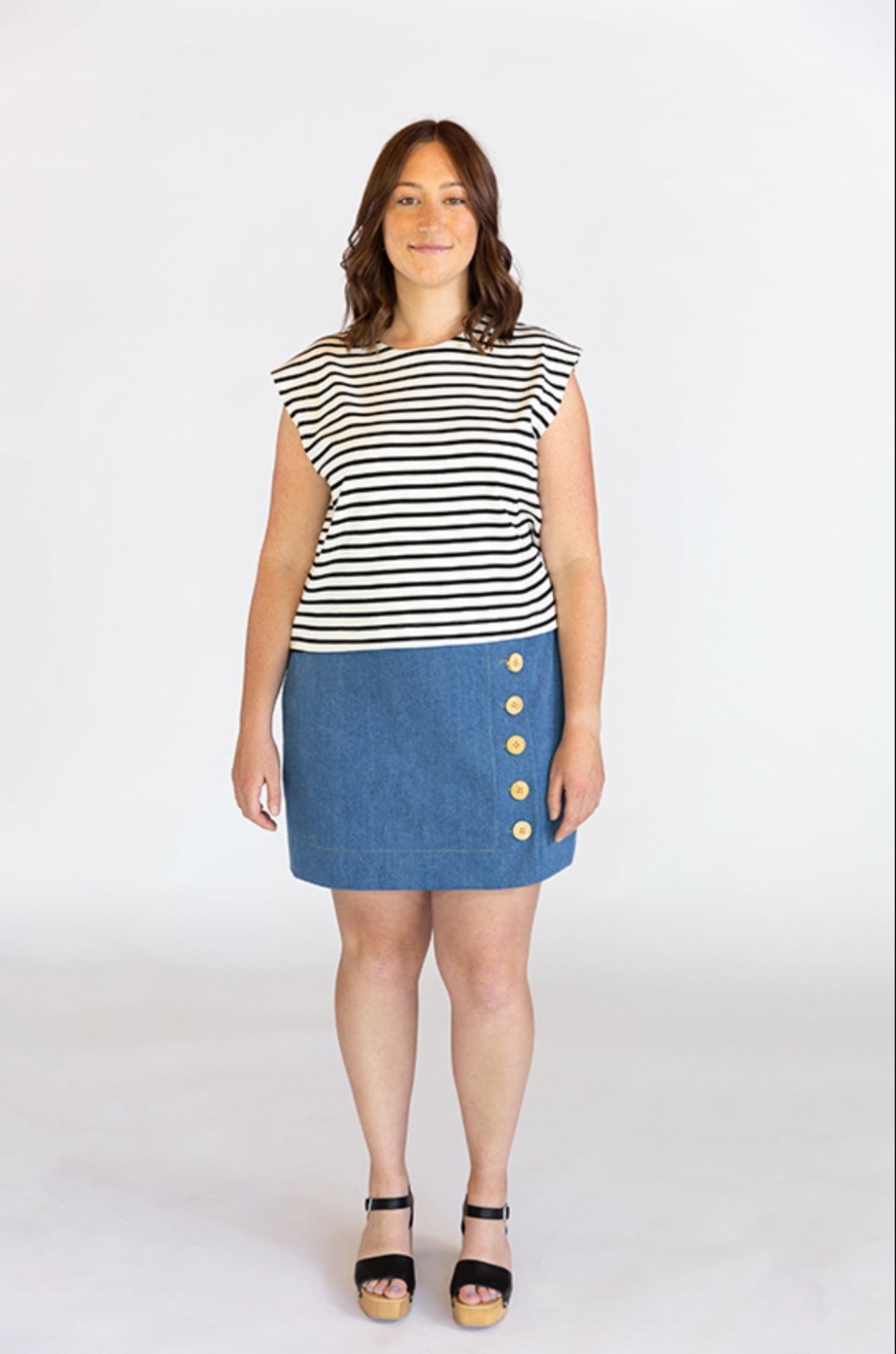 Chalk & Notch Evelyn Skirt sewing pattern with button-front and elastic waist variations in midi and mini lengths, sizes 0–30.
