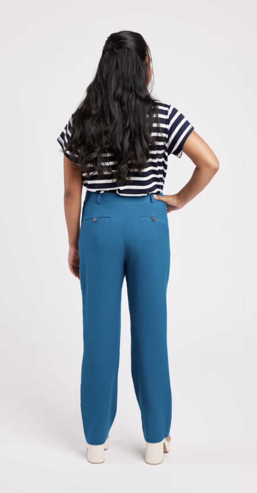 Cashmerette Meriam Trousers sewing pattern with classic details, flex waistband, and straight leg design in sizes 0–16.