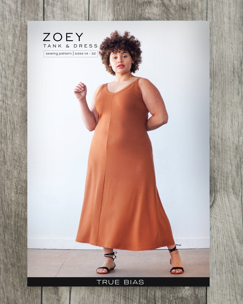 True Bias Zoey Tank & Dress sewing pattern with cropped tank, hip-length tank, and fit-and-flare dress variations in sizes 0–32.