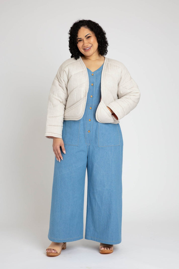 Megan Nielsen Hovea sewing pattern for curvy sizes, featuring loose-fit drop shoulder jackets and coats with multiple lengths