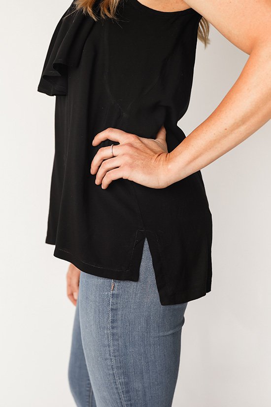 Chalk & Notch Farrah Blouse & Dress sewing pattern with ruffle details and high-low hemline