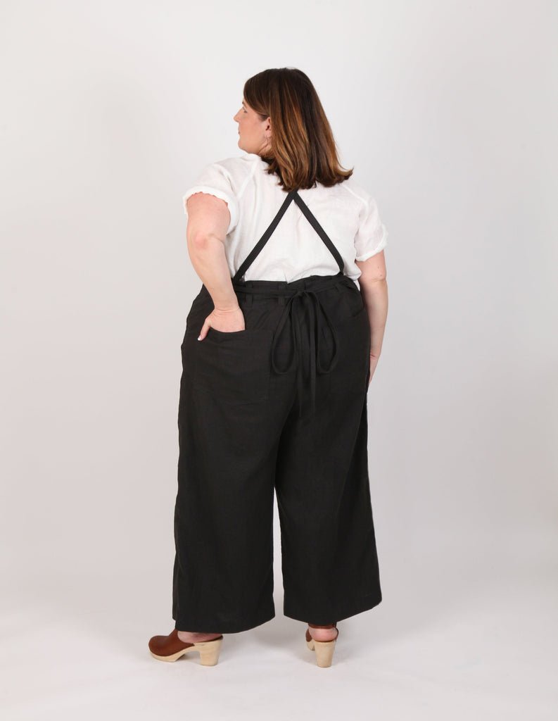 Sew House Seven Burnside Bibs Curvy Fit sewing pattern, scooped or straight front bib, cross-back straps, wide-leg pants