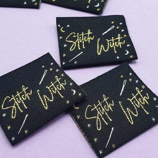 SA Labels Stitch Witch metallic garment tags with gold and silver lurex for magical sewing projects