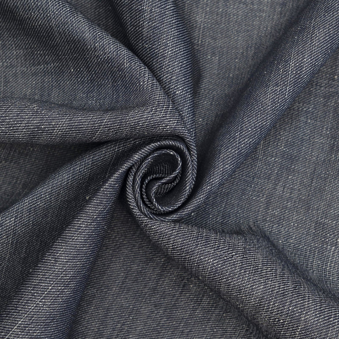 Indigo cotton linen blend denim fabric, 10.5 oz medium heavy weight, perfect for jackets, dresses, and durable sewing projects