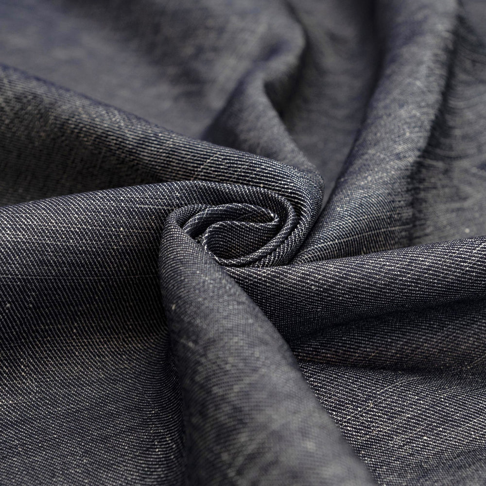 Indigo cotton linen blend denim fabric, 10.5 oz medium heavy weight, perfect for jackets, dresses, and durable sewing projects