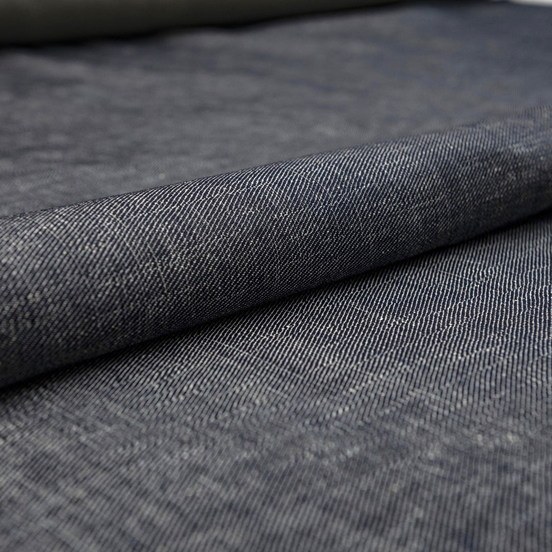 Indigo cotton linen blend denim fabric, 10.5 oz medium heavy weight, perfect for jackets, dresses, and durable sewing projects