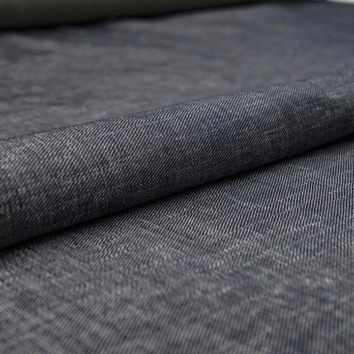 Indigo cotton linen blend denim fabric, 10.5 oz medium heavy weight, perfect for jackets, dresses, and durable sewing projects