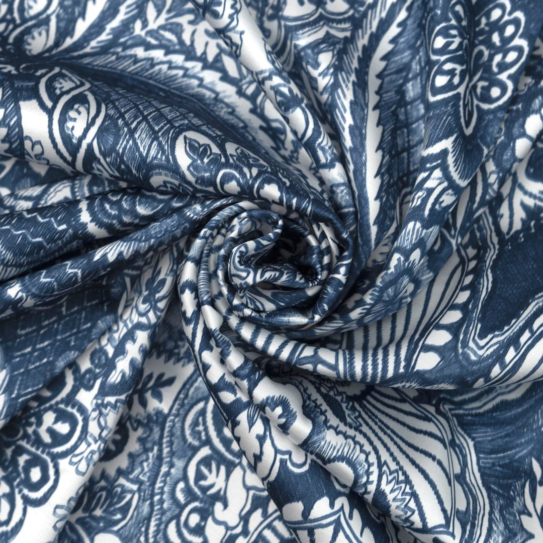 Damask Blue Woven Satin fabric with silky smooth finish and intricate pattern, 55-inch wide viscose-elastane blend.